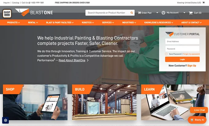 BlastOne WooCommerce storefront: an industrial e-commerce site with product catalog navigation and a customer portal login.