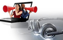 Woman with a megaphone emerging from a laptop screen