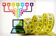 Laptop wrapped in a measuring tape with marketing icons