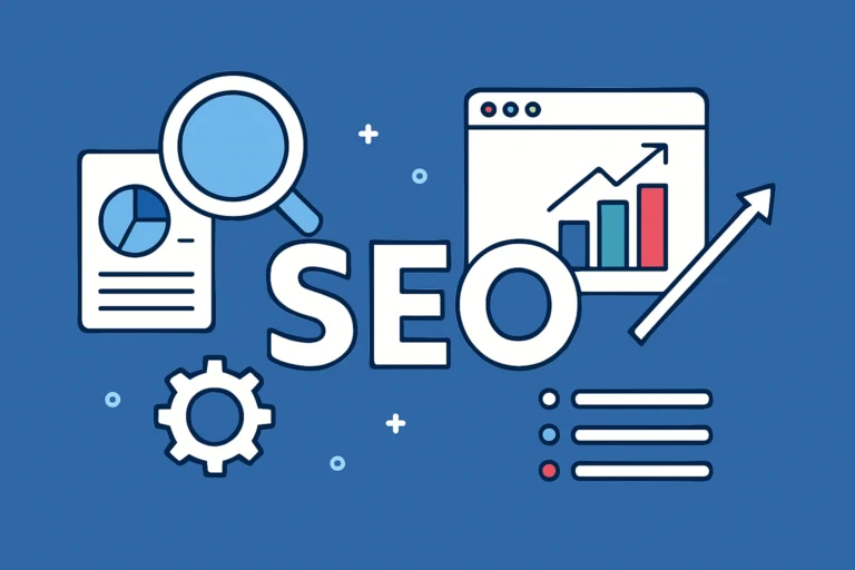 Illustration of the word SEO surrounded by a magnifying glass, a rising chart and a gear