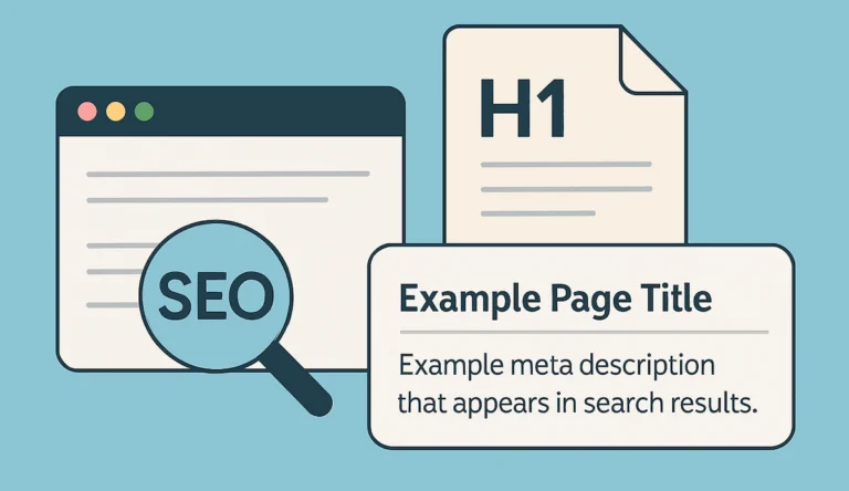 Illustration of a search result listing, with a magnifying glass labeled SEO beside an example page title, meta description and H1