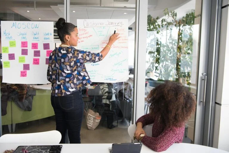 Woman writing on a whiteboard covered in sticky notes while colleagues look on