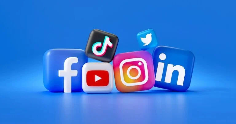 Social media app icons for Facebook, YouTube, Instagram, LinkedIn, TikTok and Twitter stacked on a blue background