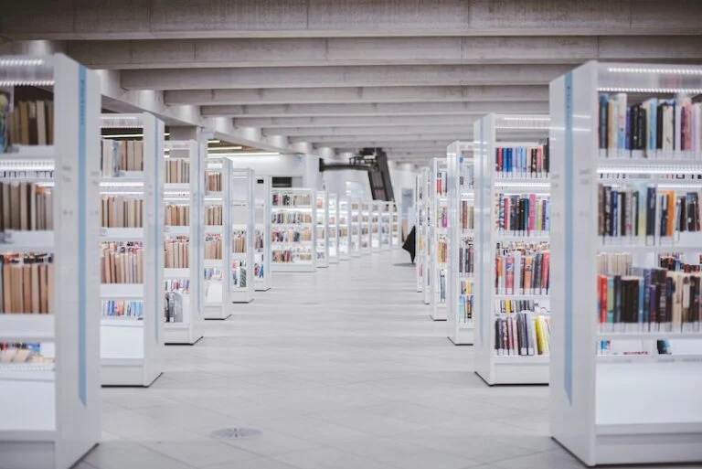 Rows of shelves in a library