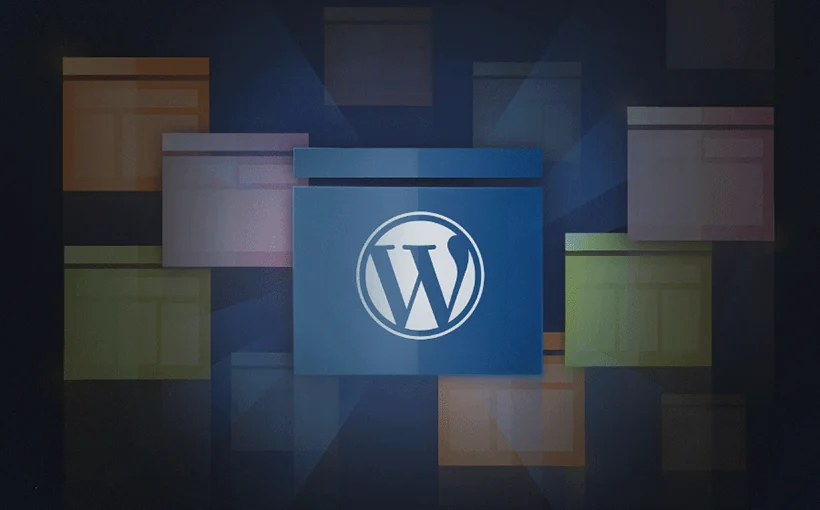 WordPress logo on a screen among floating browser panels