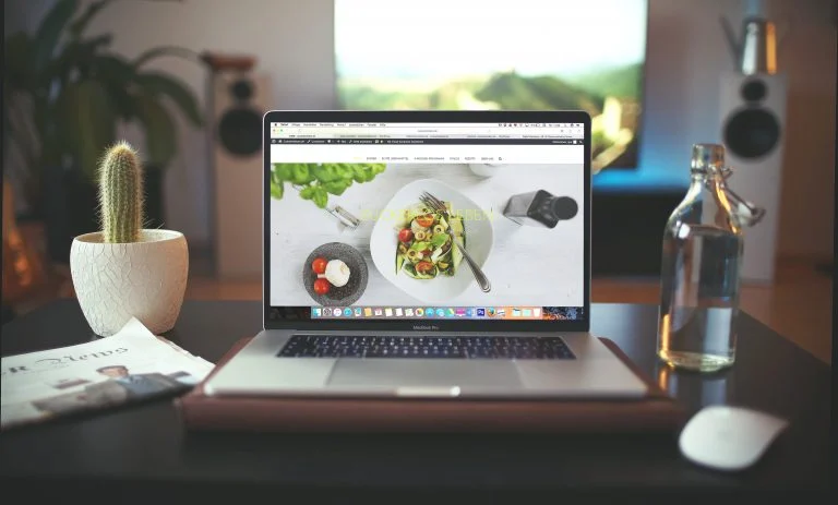 Laptop on a desk showing a plated dish, beside a small cactus and a bottle