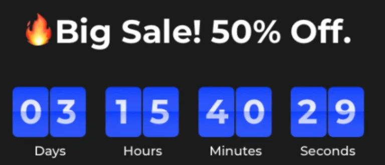 Countdown banner reading Big Sale! 50% Off, with days, hours, minutes and seconds ticking down