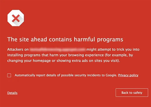 Google Safe Browsing warning screen reading The site ahead contains harmful programs, with a Back to safety button