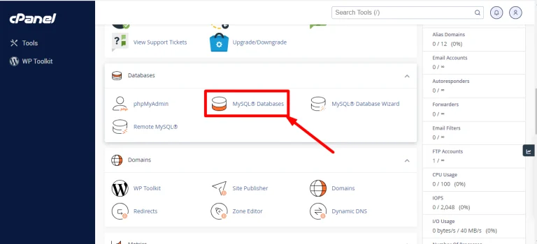 cPanel tools screen with MySQL Databases boxed in red and an arrow pointing to it