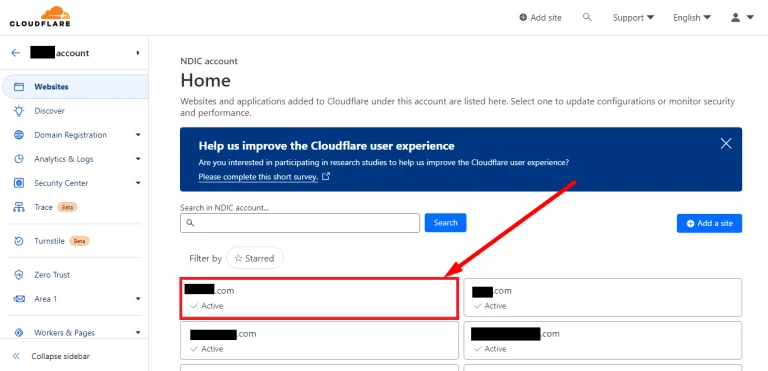Cloudflare account home with the website list and one site boxed in red