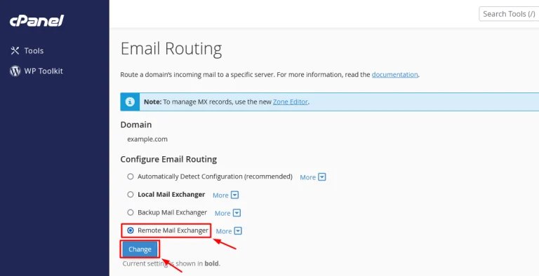 cPanel Email Routing page with Remote Mail Exchanger selected and boxed in red and an arrow to the Change button