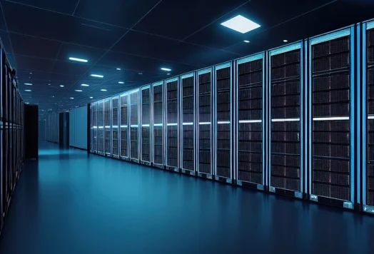 Aisle of server racks lit in blue in a data center