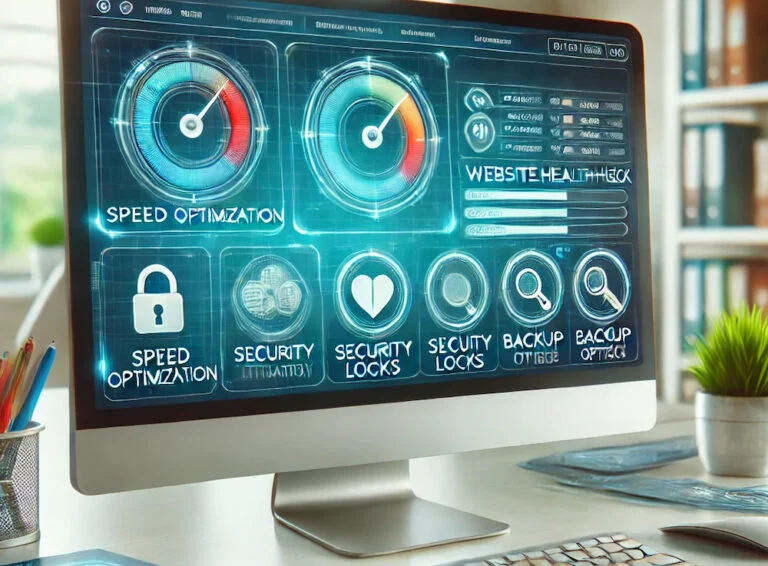 Monitor showing a website health check dashboard with speed optimization, security and backup gauges