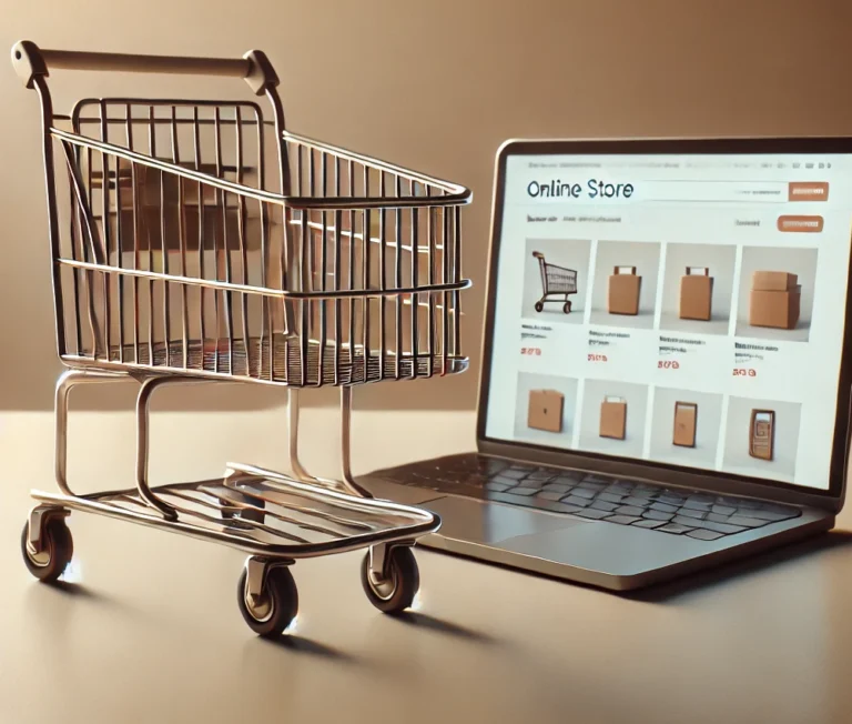 Wire shopping cart beside a laptop showing an online store