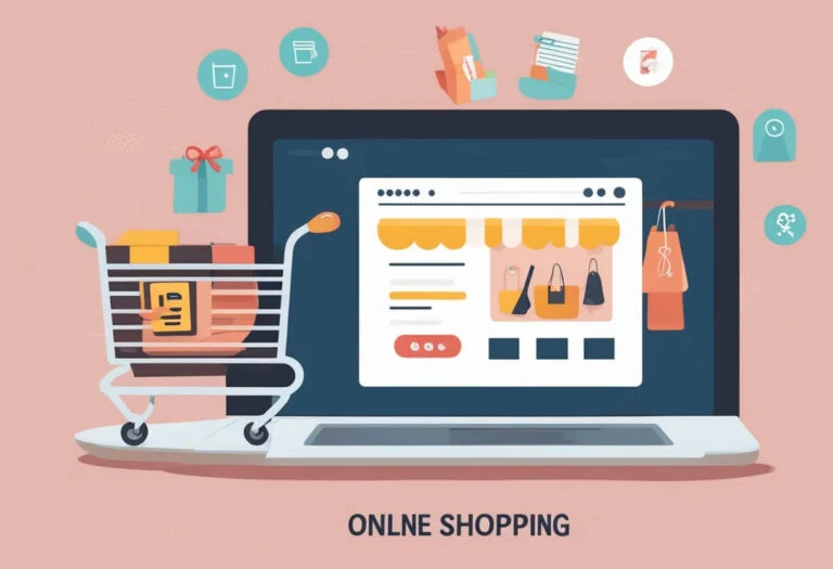 Illustration of online shopping, with a cart of parcels beside a laptop storefront