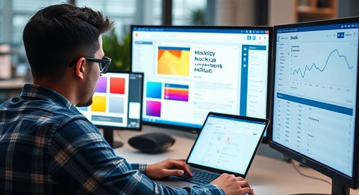Man working at a desk with several monitors showing dashboards