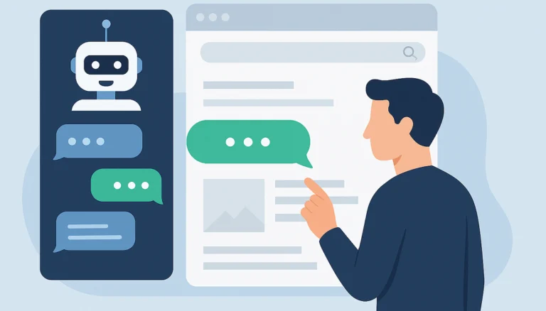 Illustration of a person chatting with a robot assistant beside a web page