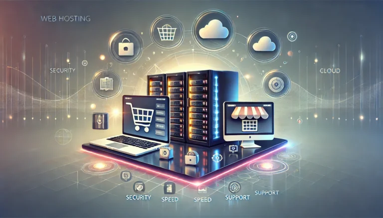 Illustration of a server stack surrounded by web hosting, security, speed and support icons