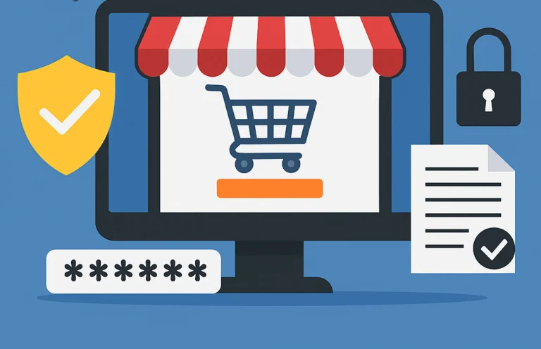 Illustration of an online store on a monitor, guarded by a shield, a padlock and a masked password field
