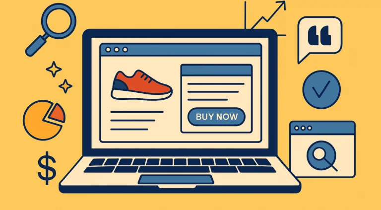 Illustration of a landing page on a laptop with a running shoe and a Buy Now button