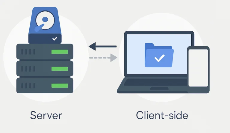 Diagram contrasting server-side caching on a server stack with client-side caching on a laptop and phone