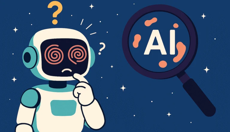 Illustration of a dizzy robot beside a magnifying glass over the letters AI