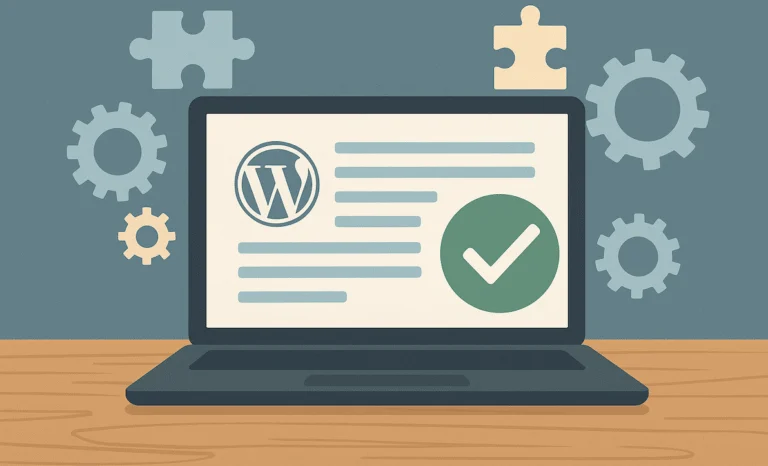 Illustration of a WordPress page on a laptop with a green check, surrounded by puzzle pieces and gears