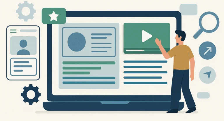 Illustration of a person arranging content blocks on a large web page layout