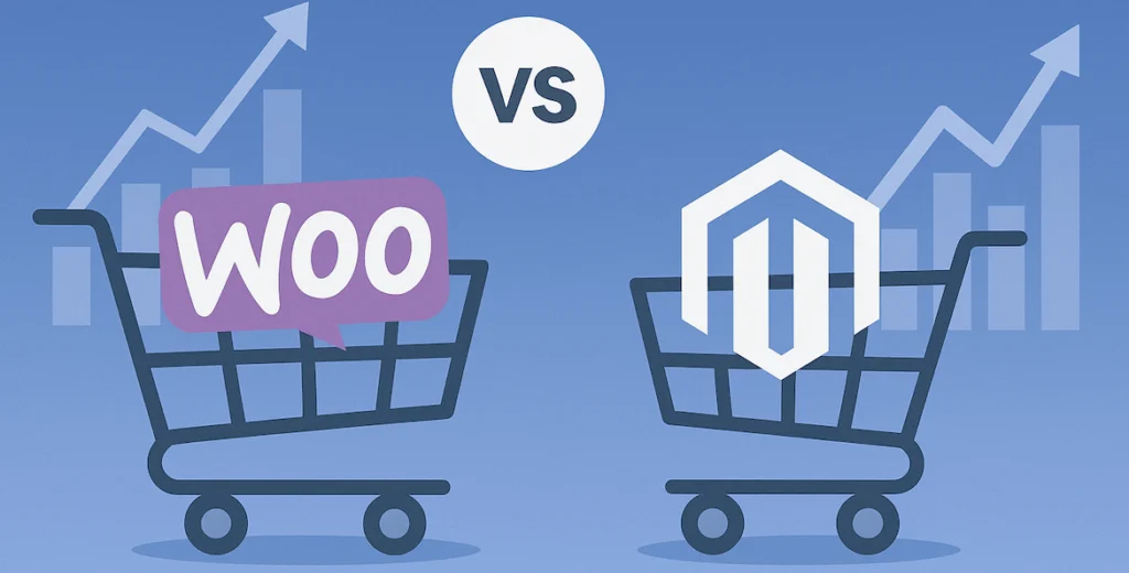 Illustration of two shopping carts, one carrying the WooCommerce logo and one the Magento logo, separated by the word versus