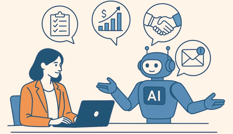 Illustration of a woman at a laptop talking with an AI robot, surrounded by chart, handshake and mail icons