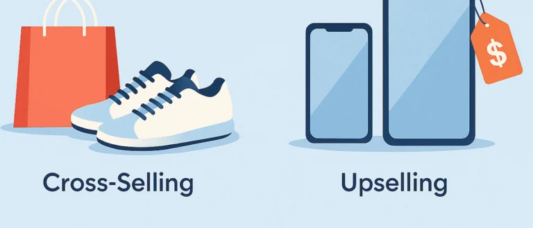 Illustration contrasting cross-selling, shown as a bag and shoes, with upselling, shown as two phones
