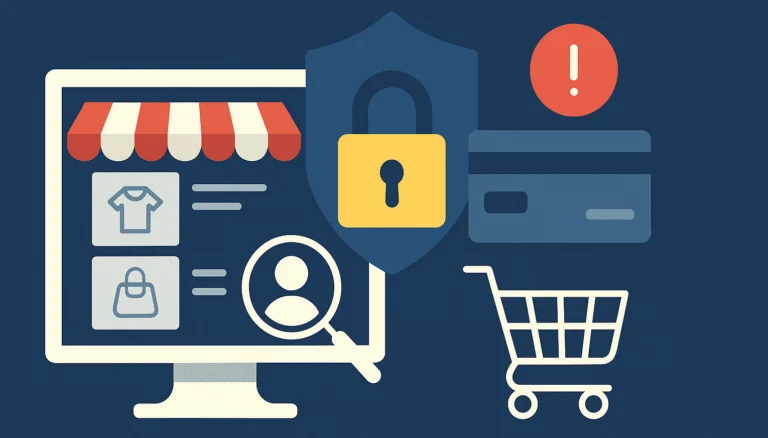Illustration of an online store on a monitor with a padlock, a payment card, a warning sign and a shopping cart