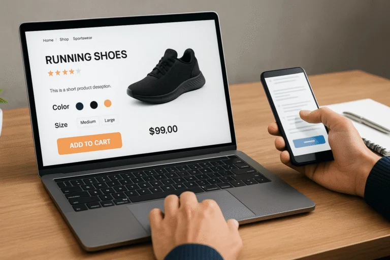 Person at a laptop showing a running shoe product page while holding a phone showing the same page