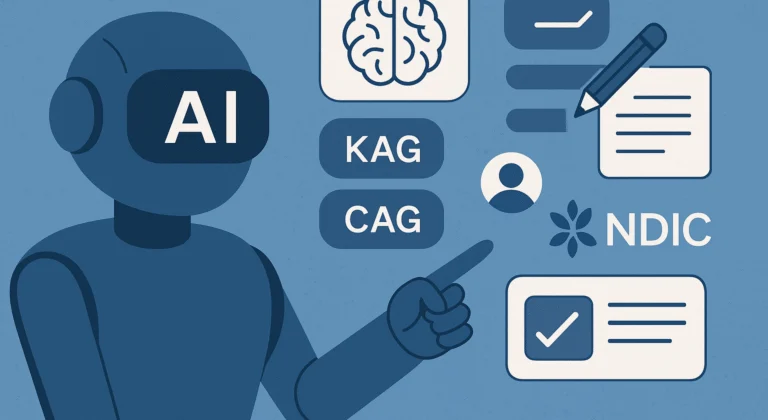 Illustration of a robot labeled AI pointing at a checklist, with KAG, CAG and NDIC labels