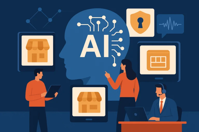 Illustration of a glowing AI brain surrounded by people working at screens, a padlock and a storefront