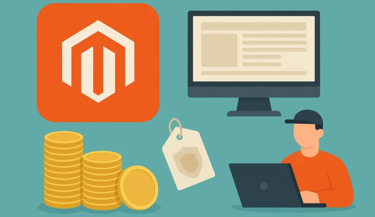 Illustration of the Magento logo beside stacks of coins, a price tag and a developer at a laptop