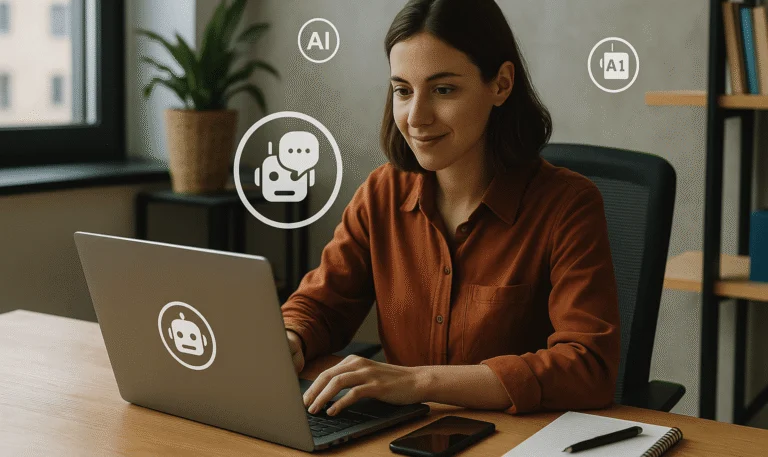 Woman working at a laptop in an office, surrounded by small AI and chatbot icons