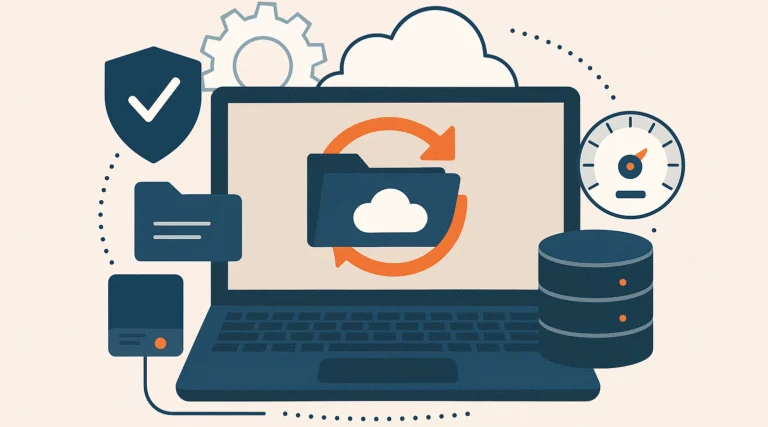 Illustration of a laptop backing up to the cloud, with a shield, a database and a speed gauge