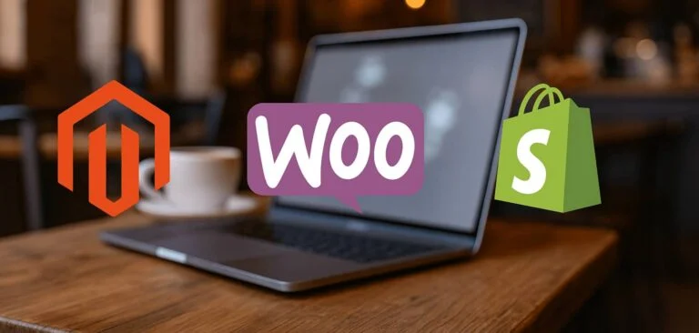 Laptop on a wooden table with the Magento, WooCommerce and Shopify logos in front of it