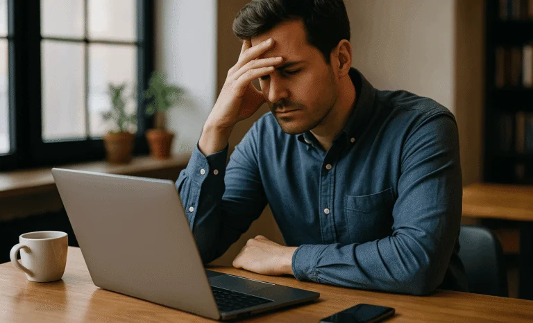 Man at a laptop holding his head in frustration