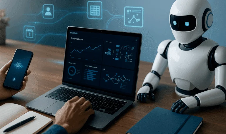 Hands at a laptop beside a robot, with data and chart icons floating above the desk