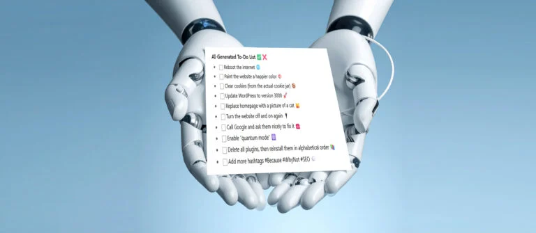 Robot hands holding an AI-generated to-do list of absurd website tasks