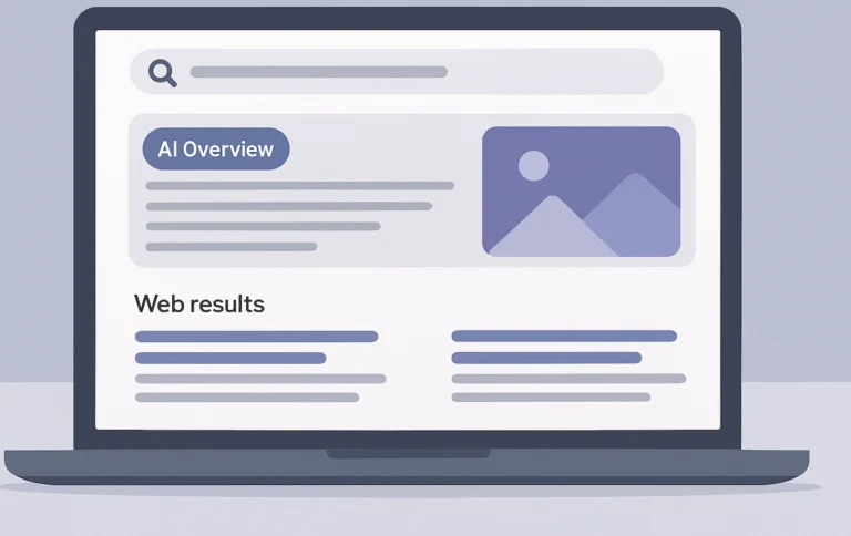 Illustration of a search results page with an AI Overview panel above the web results