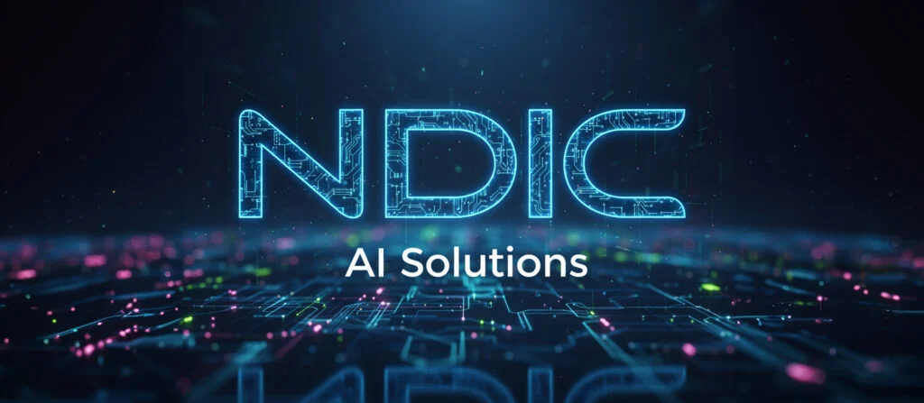 NDIC AI Solutions wordmark glowing on a dark circuit background