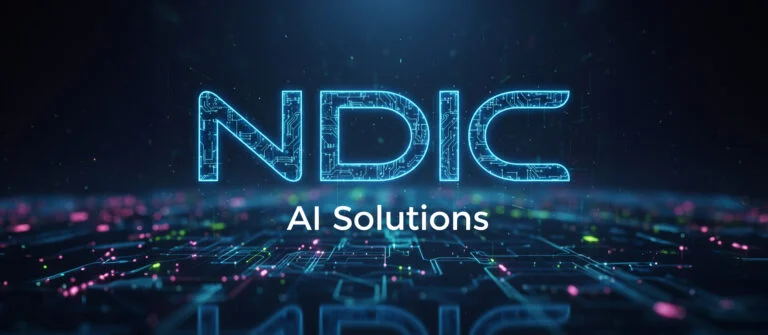 NDIC AI Solutions wordmark glowing on a dark circuit background