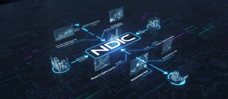 NDIC wordmark on a dark network diagram linking screens and data points