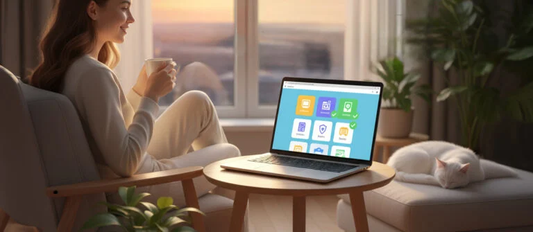 Woman with a mug on a sofa beside a laptop showing colorful app tiles