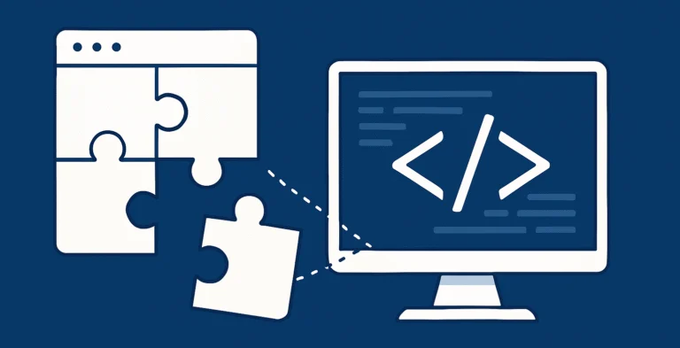 Illustration of puzzle pieces on a browser window linked to a monitor showing code