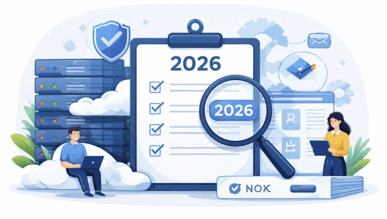 Illustration of a 2026 hosting checklist beside server racks, a shield and a magnifying glass