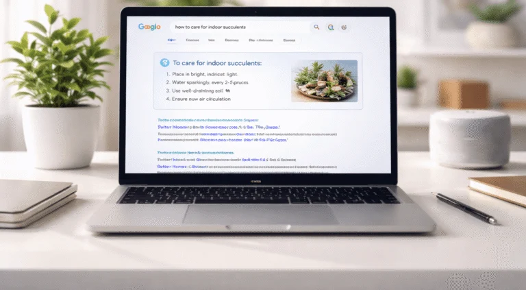 Laptop on a desk showing a Google results page with an AI-written answer